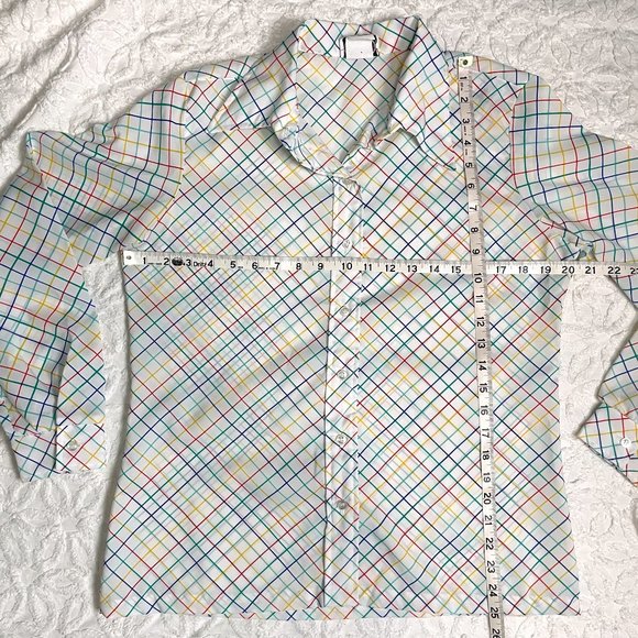 1970s Lucky Winner rainbow plaid blouse - size medium - large - Picture 6 of 8